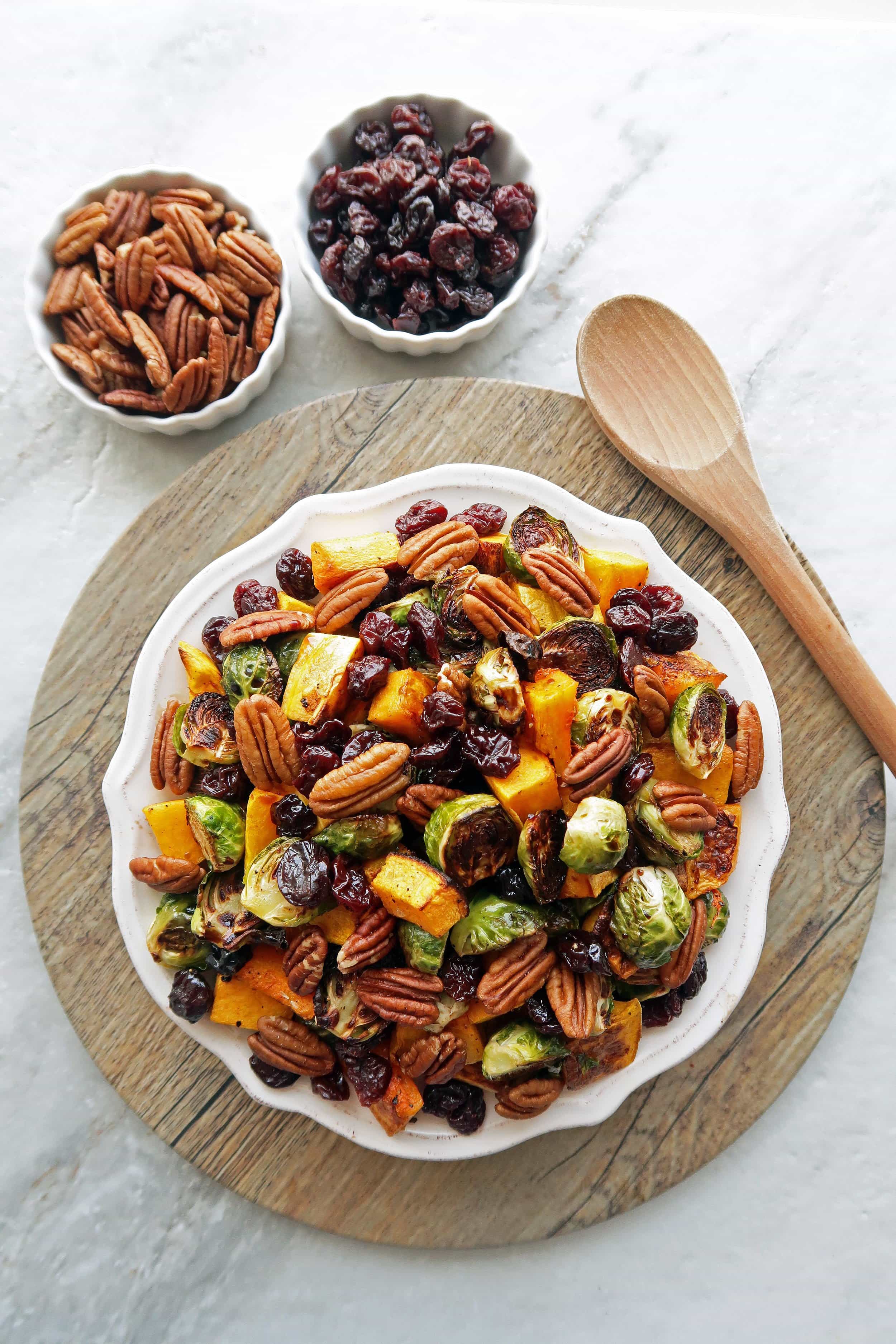 Roasted Butternut Squash and Brussels Sprouts with Pecans and Dried Cherries