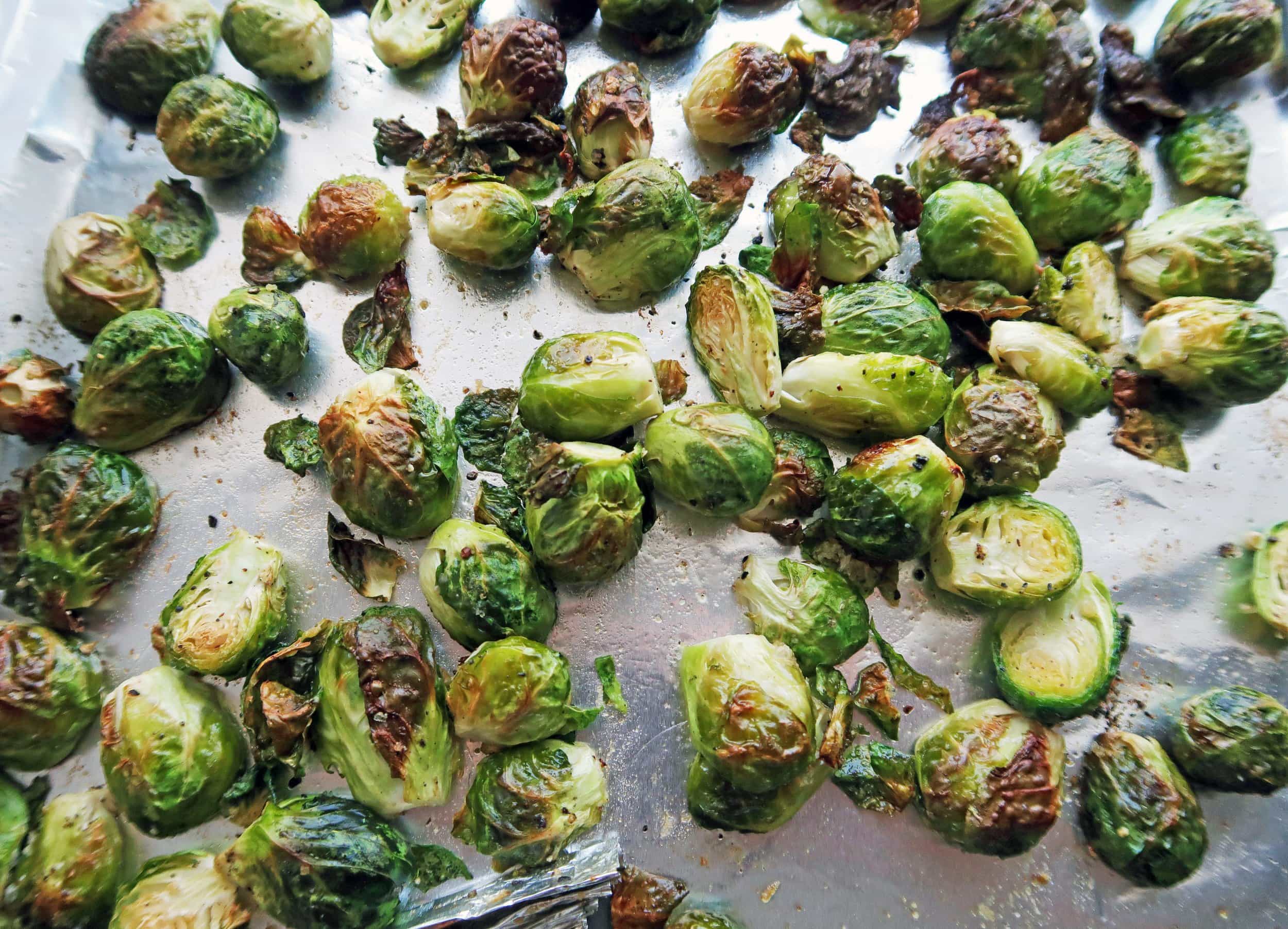 Crispy Roasted Brussels Sprouts on a baking sheet.