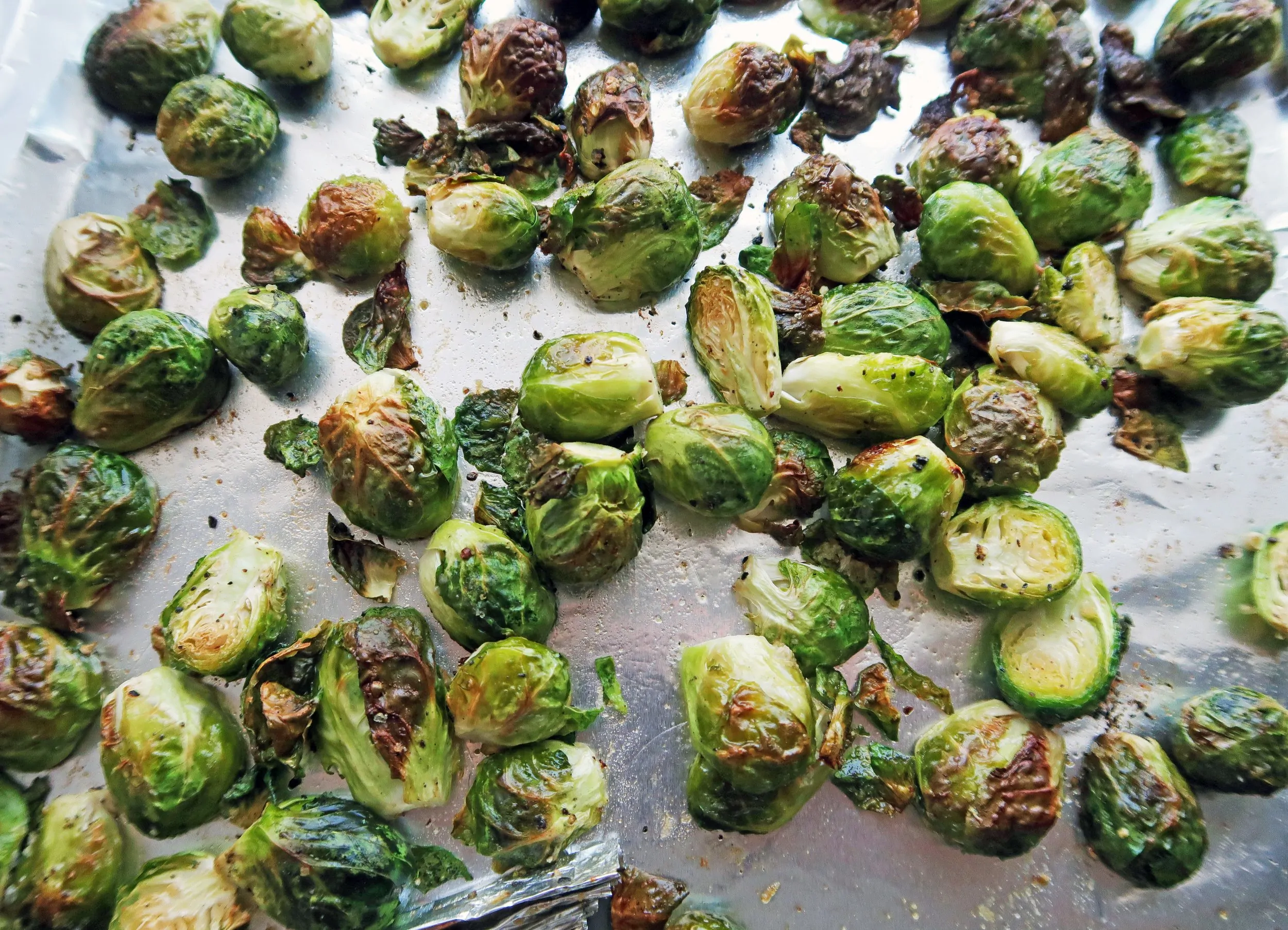 Crispy Roasted Brussels Sprouts on a baking sheet.