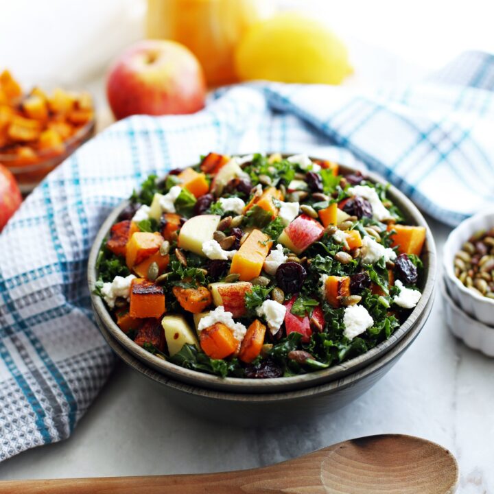 Roasted Butternut Squash and Apple Kale Salad with Lemon Vinaigrette