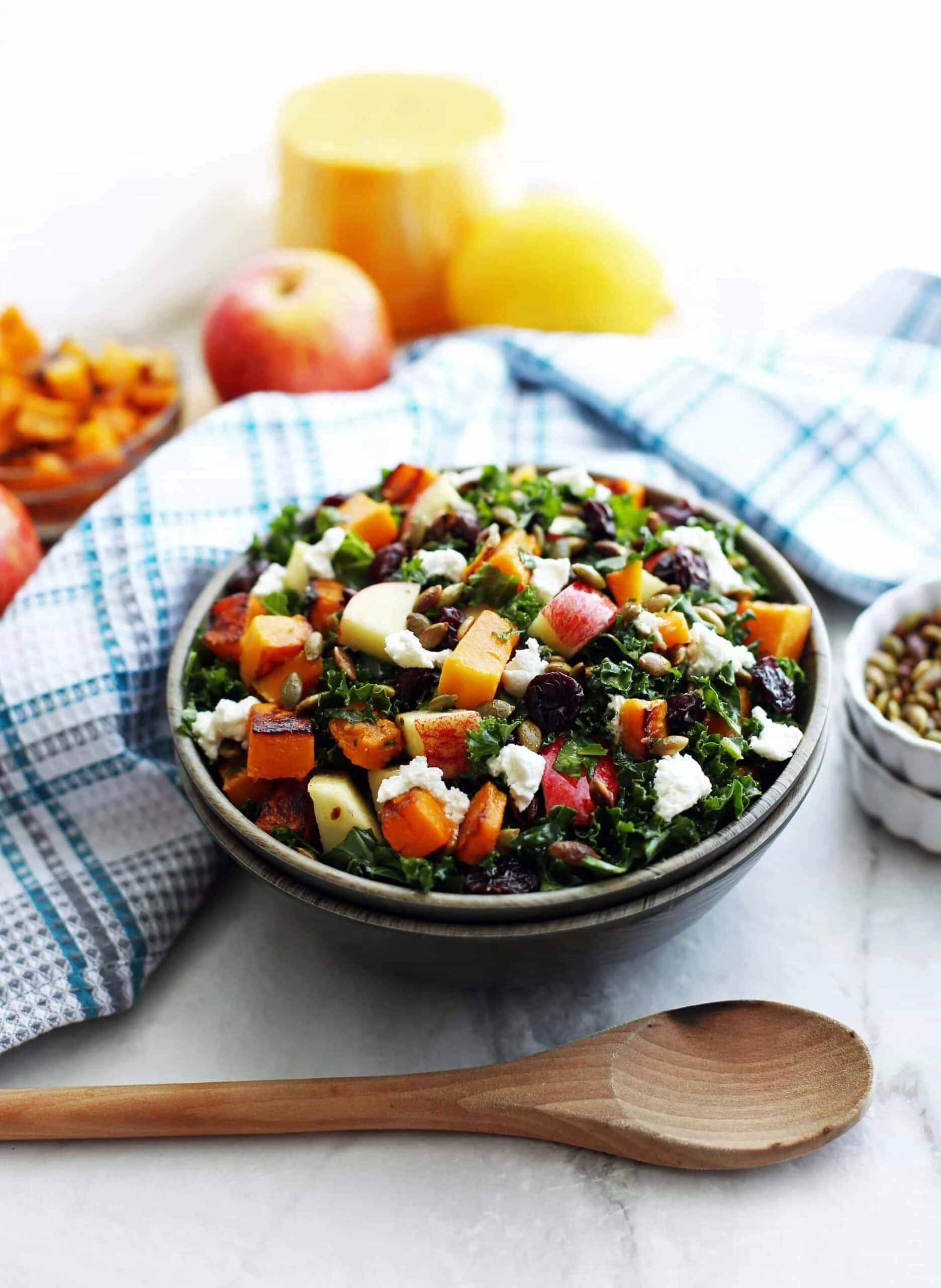 Roasted Butternut Squash and Apple Kale Salad with Lemon Vinaigrette