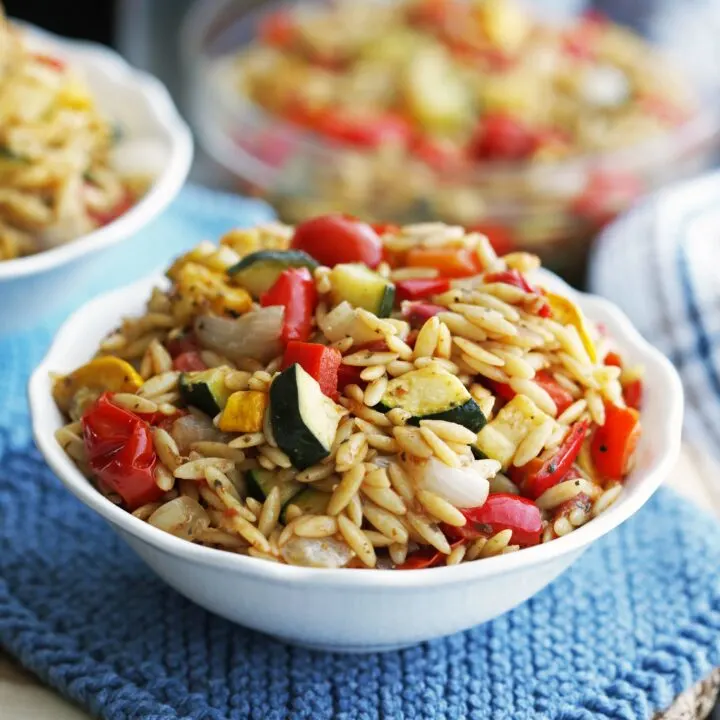 Roasted Vegetable Orzo Pasta Salad with Dijon-Balsamic Vinaigrette