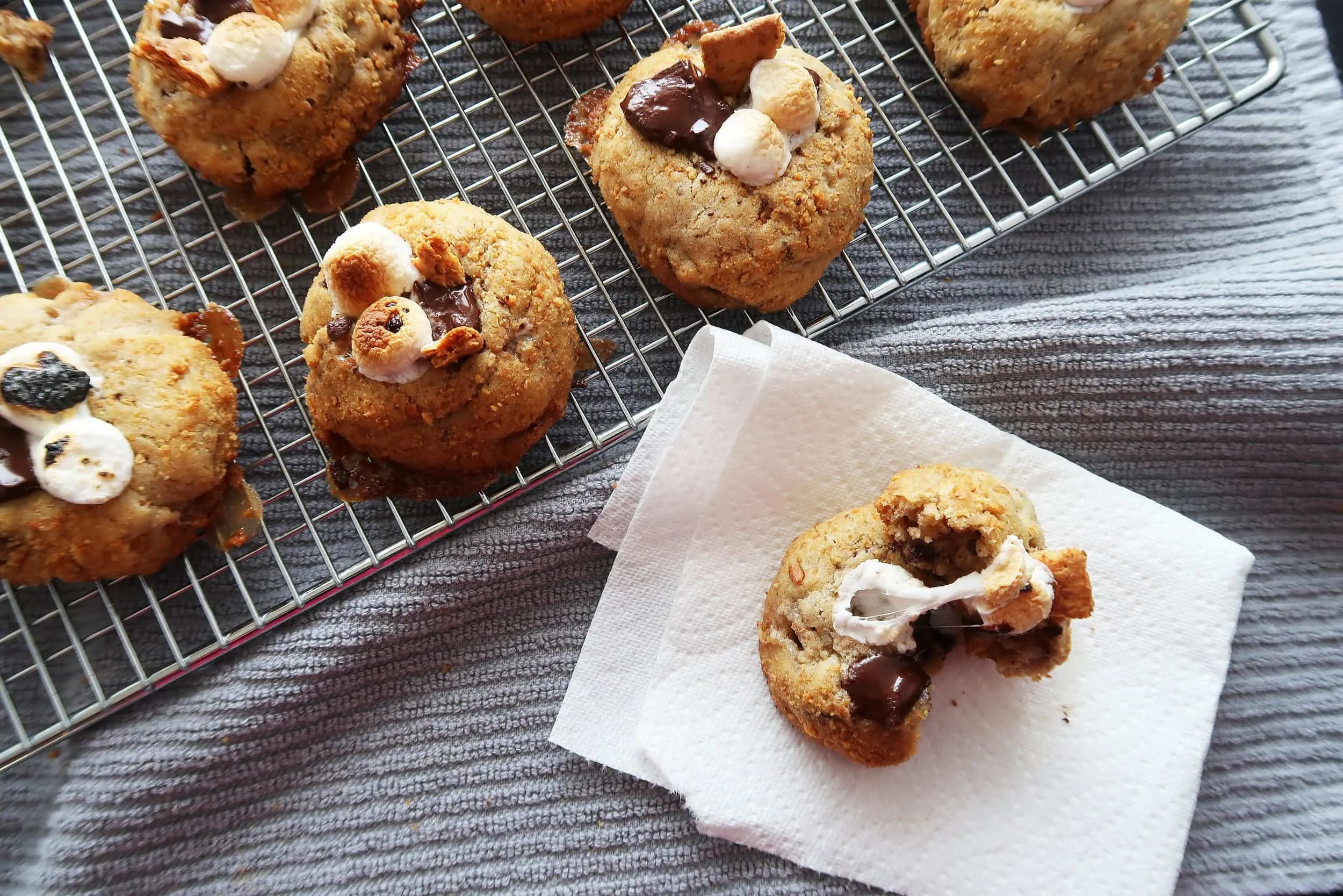 A Soft and Chewy S'more Cookie pulled apart.