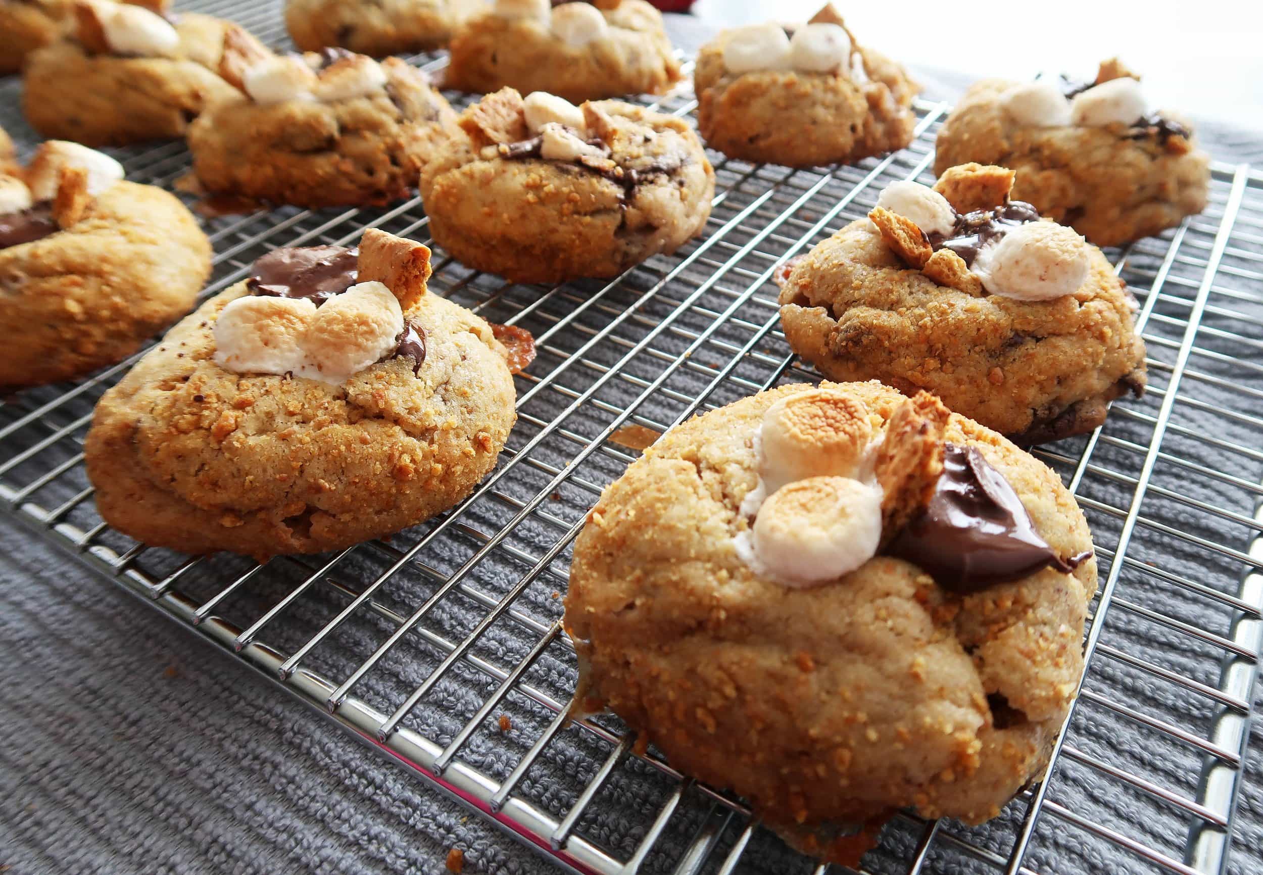 S'More cookies cooling on a rack.