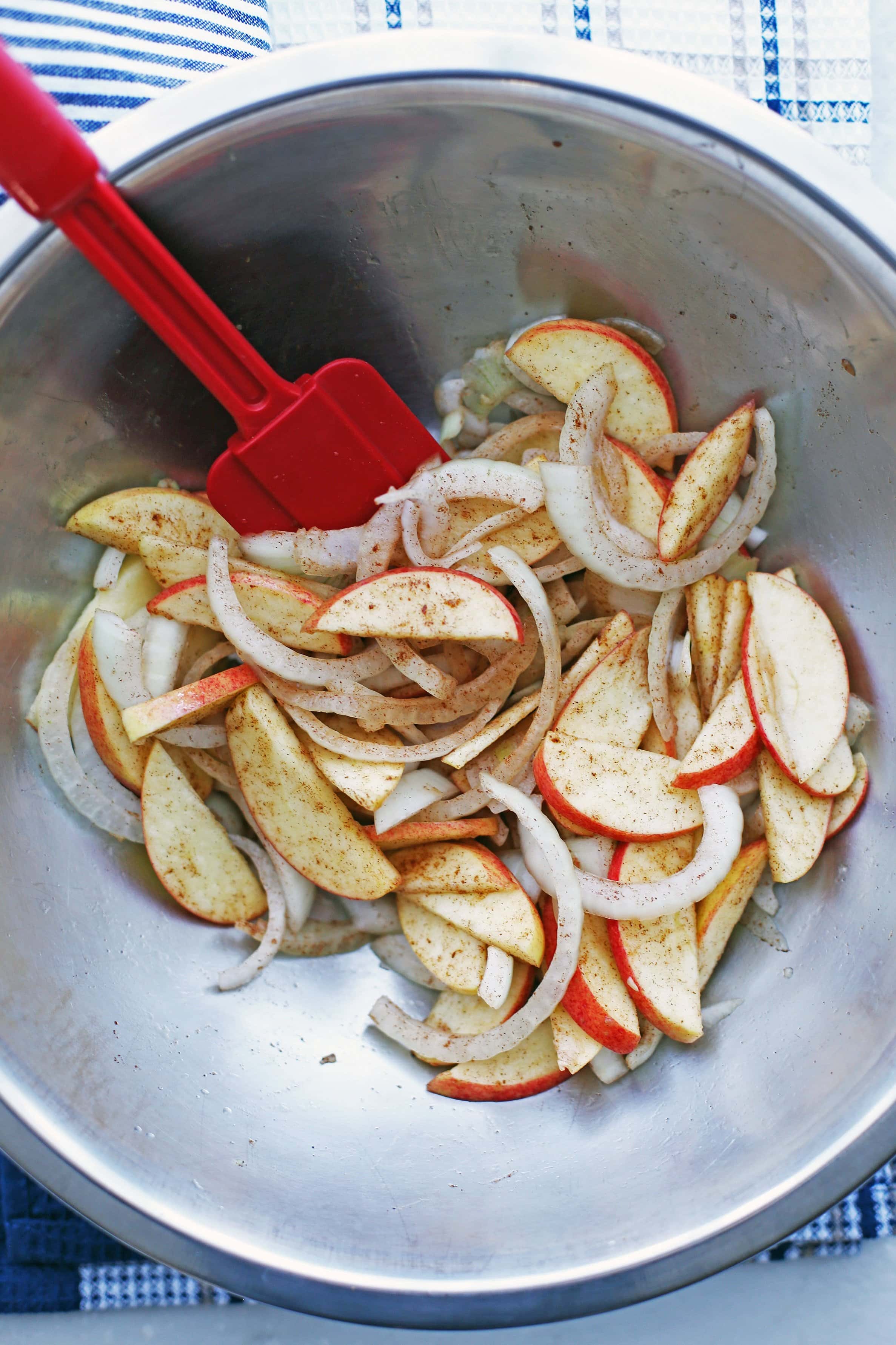 Sliced apples, sliced onions, ground cinnamon, lemon juice, and salt combined together in a medium stainless steel bowl.