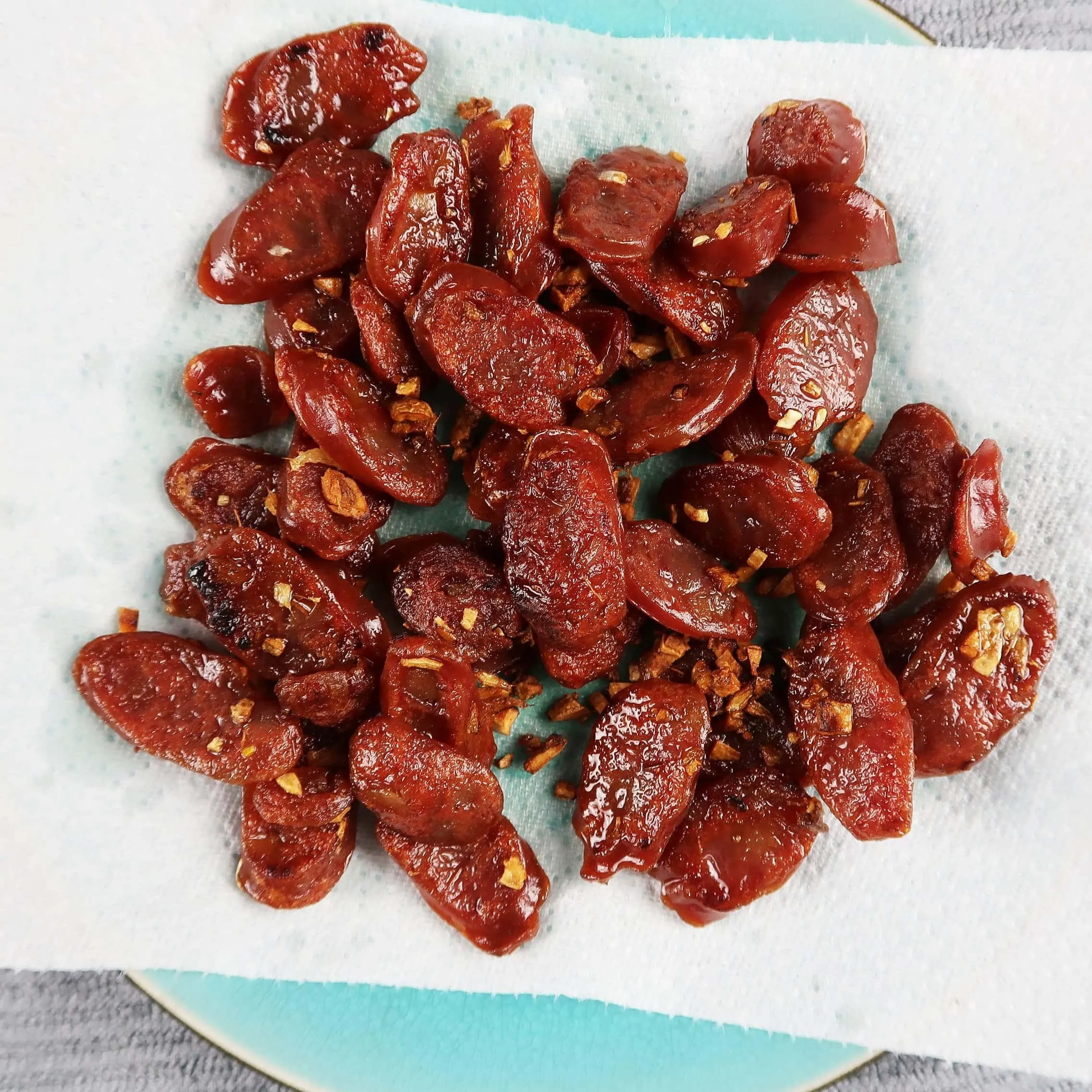 Crispy fried Chinese sausage (lap cheong) with garlic.