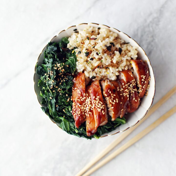 Teriyaki Chicken Rice Bowls with Garlicky Kale