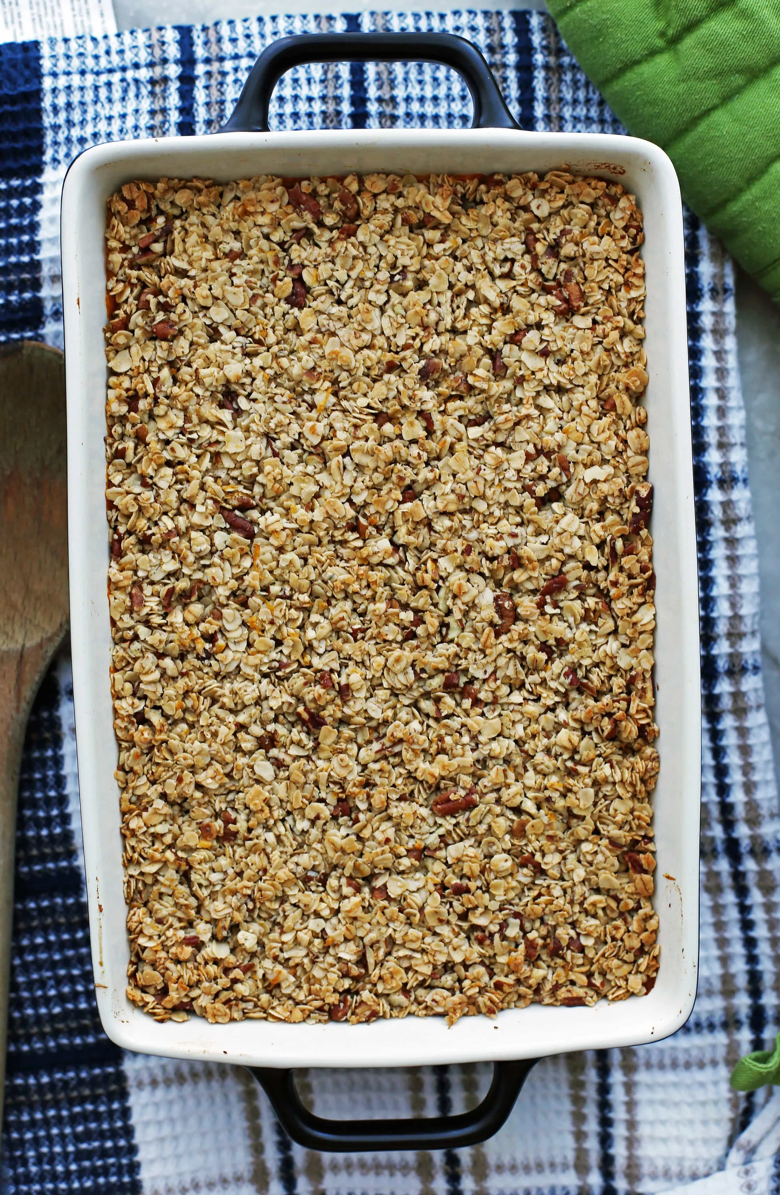 Baked Sweet Potato Mash with Pecan Oat Topping in a casserole dish.