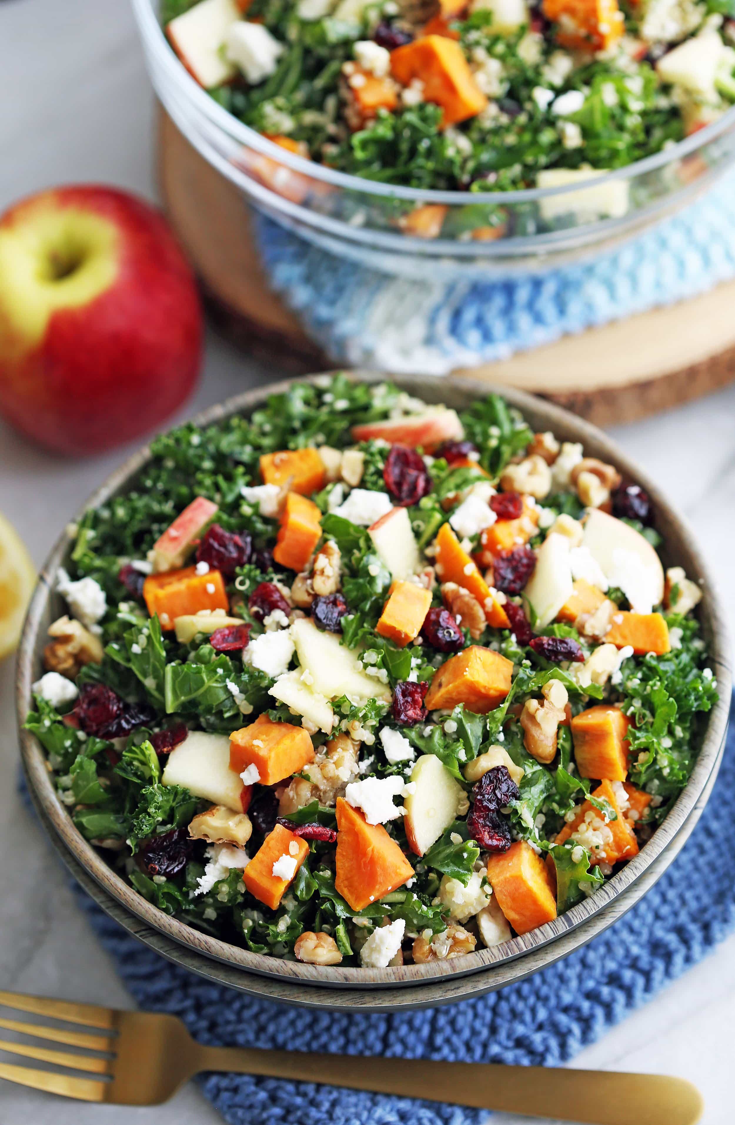 A closeup of a bowl of a kale salad with pieces of sweet potato, quinoa, apples, dried cranberries, feta, and walnuts.