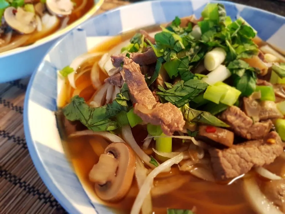 A hot bowl of Vietnamese Noodles with Beef and Mushrooms.